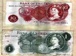 £ pounds Shillings and Pence £1 and 10 bob note 